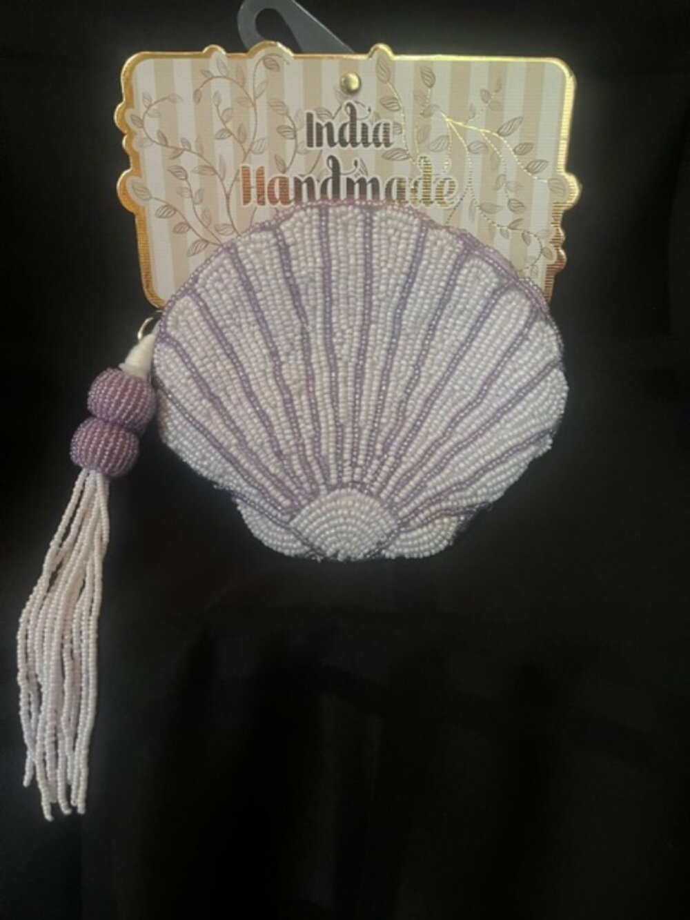 NWT India Handmade Purple Beaded Seashell Coin Purse Keychain Zipper Pouch